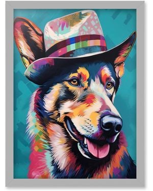 BoohooMAN Artery8 German Shepherd With Fedora Hat Vibrant Portrait Artwork Framed Wall Art Print A4 - Blue