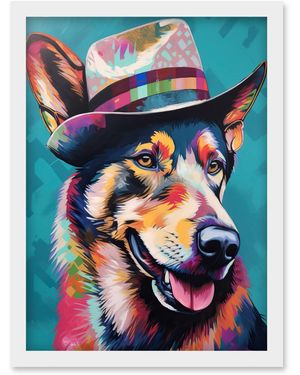 BoohooMAN Artery8 German Shepherd With Fedora Hat Vibrant Portrait Artwork Framed Wall Art Print A4 - Blue