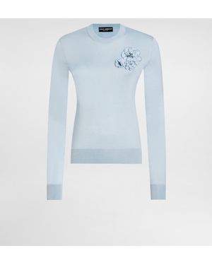 Dolce & Gabbana Pullover Aus Seide Mit Blumenbrosche - Blau